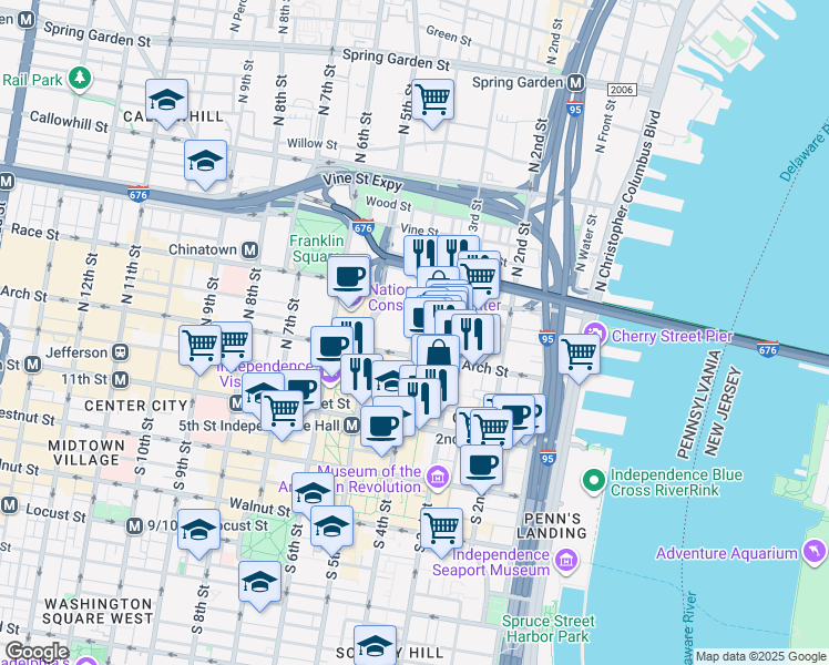 map of restaurants, bars, coffee shops, grocery stores, and more near 125 North 4th Street in Philadelphia