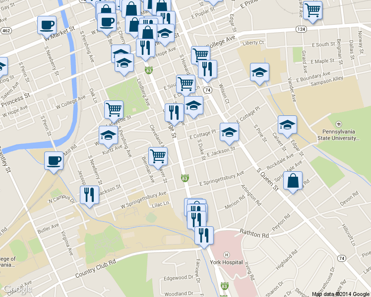 map of restaurants, bars, coffee shops, grocery stores, and more near 727 South George Street in York