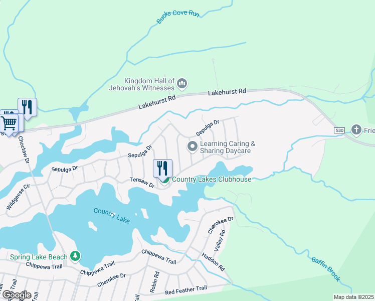 map of restaurants, bars, coffee shops, grocery stores, and more near 9 Winnebago Trail in Browns Mills