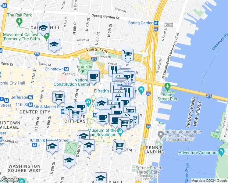 map of restaurants, bars, coffee shops, grocery stores, and more near in Philadelphia