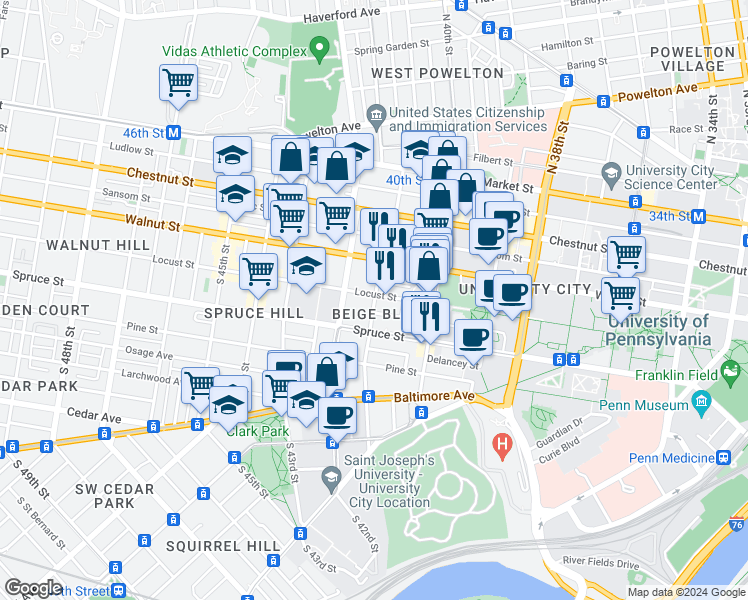 map of restaurants, bars, coffee shops, grocery stores, and more near in Philadelphia