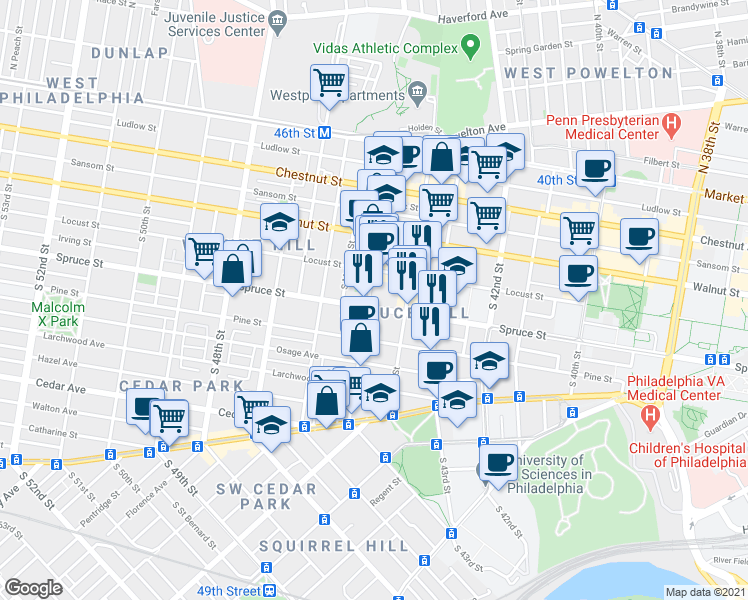 map of restaurants, bars, coffee shops, grocery stores, and more near in Philadelphia