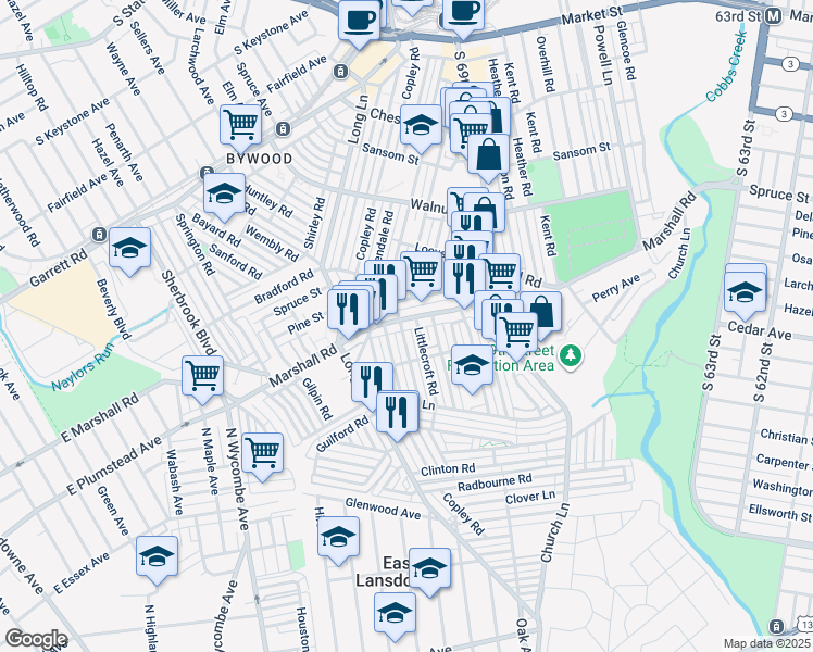 map of restaurants, bars, coffee shops, grocery stores, and more near 419 Hampden Road in Upper Darby