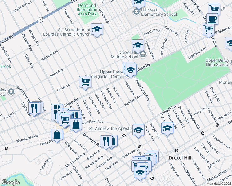 map of restaurants, bars, coffee shops, grocery stores, and more near 730 Mason Avenue in Drexel Hill