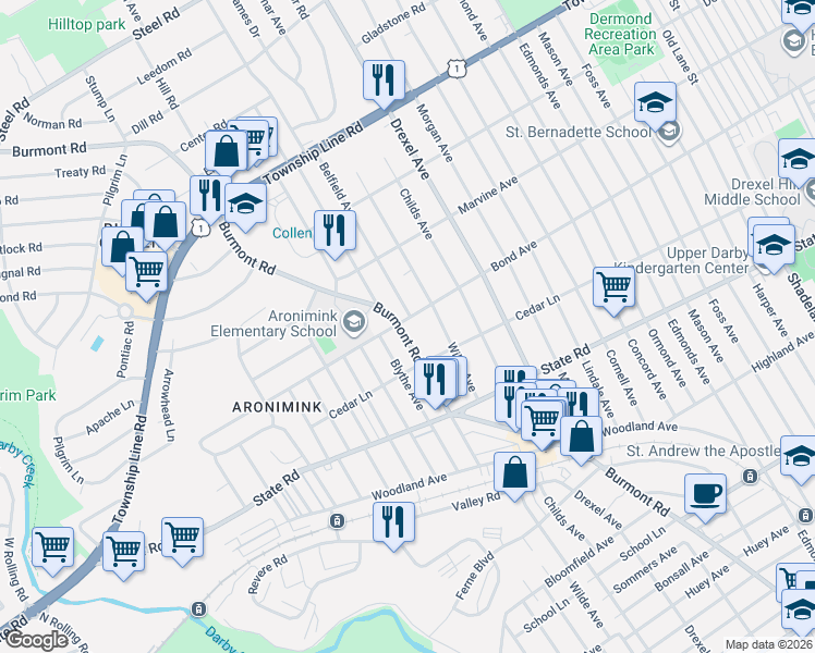 map of restaurants, bars, coffee shops, grocery stores, and more near 916 Burmont Road in Drexel Hill
