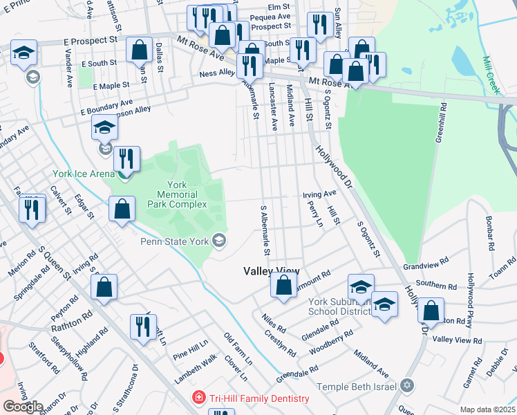 map of restaurants, bars, coffee shops, grocery stores, and more near 1194 South Albemarle Street in York