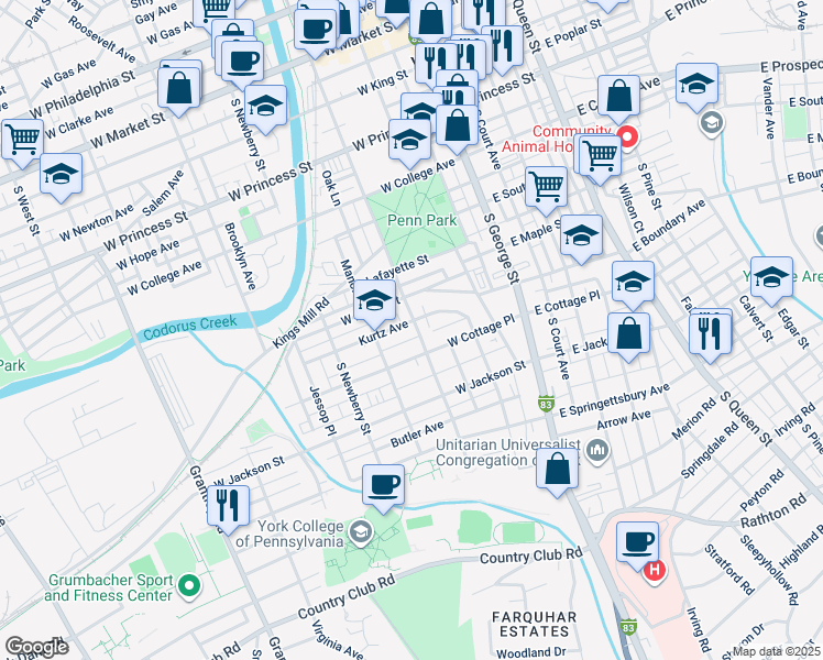 map of restaurants, bars, coffee shops, grocery stores, and more near 229 West Cottage Place in York