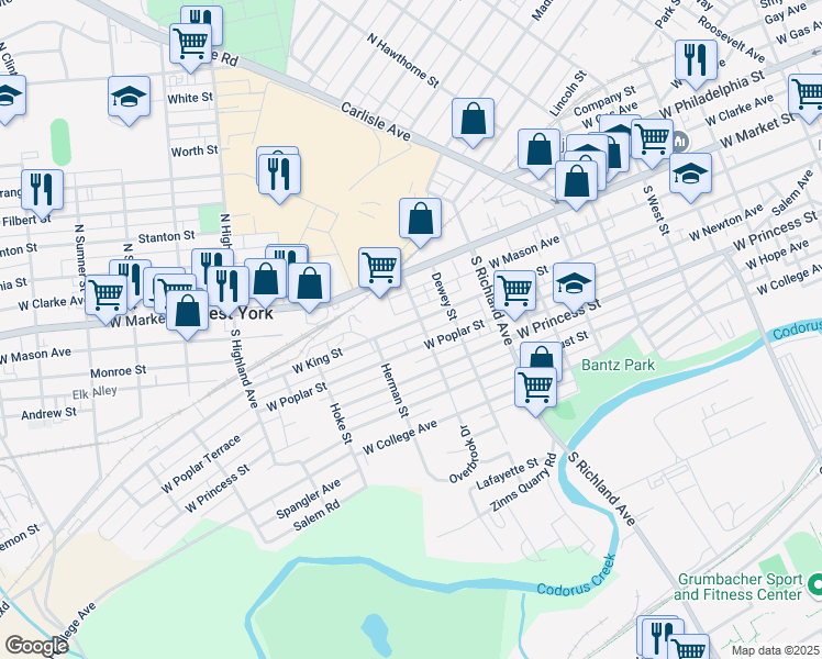 map of restaurants, bars, coffee shops, grocery stores, and more near 1212 West Poplar Street in West York