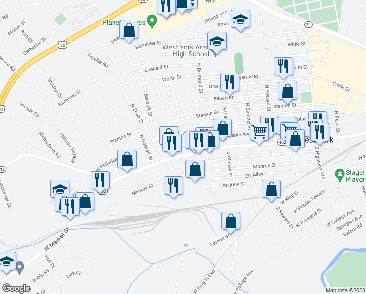 map of restaurants, bars, coffee shops, grocery stores, and more near 2043 Pennsylvania 462 in York