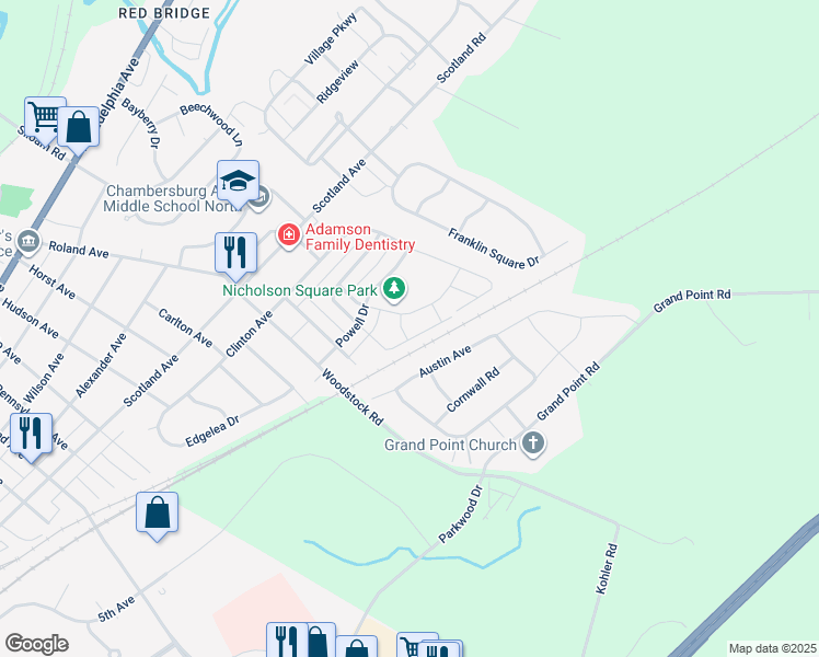 map of restaurants, bars, coffee shops, grocery stores, and more near 710 Bassett Drive in Chambersburg