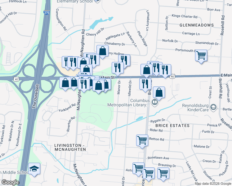 map of restaurants, bars, coffee shops, grocery stores, and more near 1210 Manor Drive in Columbus