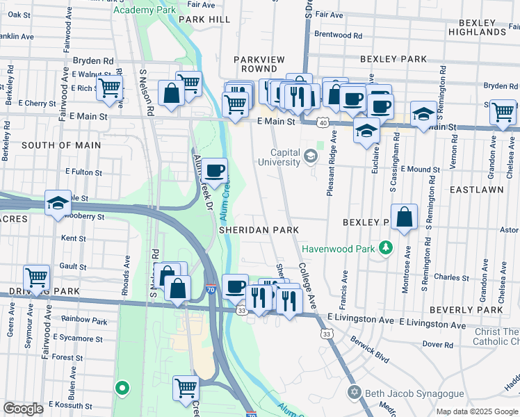 map of restaurants, bars, coffee shops, grocery stores, and more near 778 Sheridan Park Court in Bexley