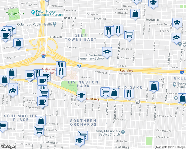 map of restaurants, bars, coffee shops, grocery stores, and more near 605 Gilbert Street in Columbus