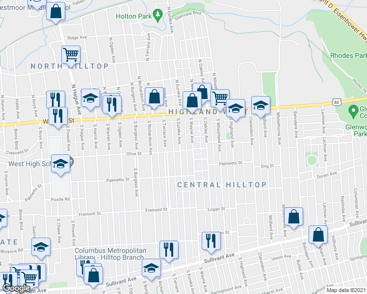 map of restaurants, bars, coffee shops, grocery stores, and more near 135 South Eureka Avenue in Columbus