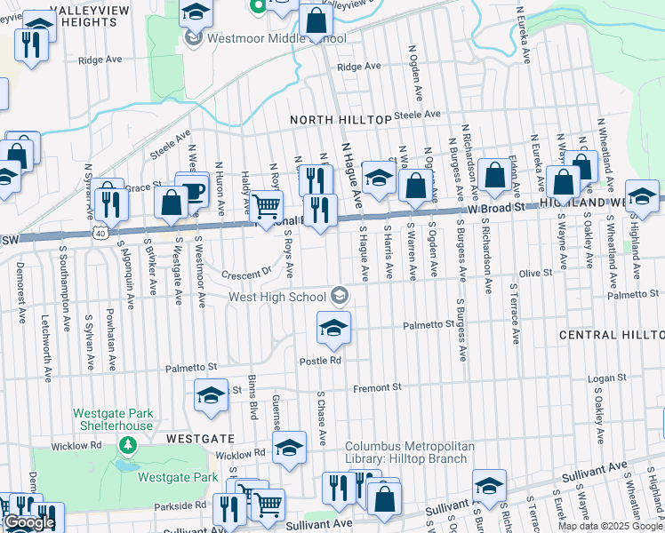 map of restaurants, bars, coffee shops, grocery stores, and more near 107 South Powell Avenue in Columbus
