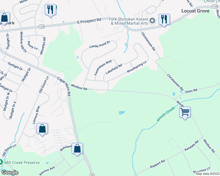 map of restaurants, bars, coffee shops, grocery stores, and more near 1003 Hastings Boulevard in York