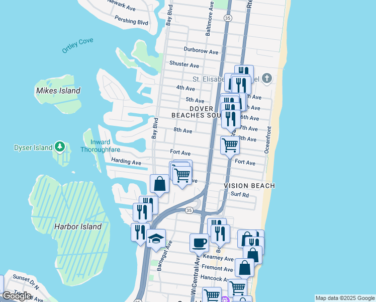 map of restaurants, bars, coffee shops, grocery stores, and more near 248 Coolidge Avenue in Seaside Heights