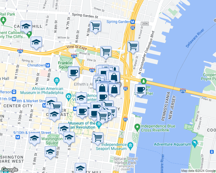 map of restaurants, bars, coffee shops, grocery stores, and more near 130 North Bread Street in Philadelphia