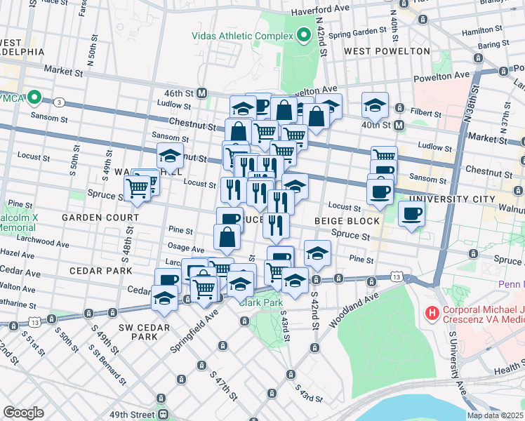 map of restaurants, bars, coffee shops, grocery stores, and more near 261 South 44th Street in Philadelphia