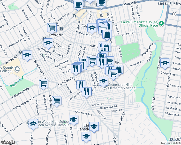 map of restaurants, bars, coffee shops, grocery stores, and more near 429 Hampden Road in Delaware County