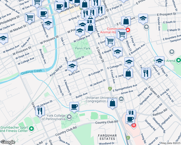 map of restaurants, bars, coffee shops, grocery stores, and more near 117 West Cottage Place in York
