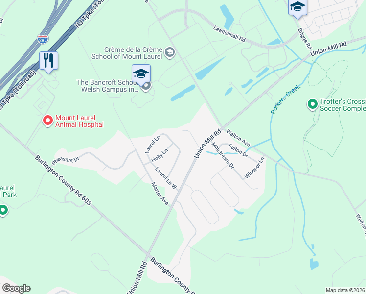 map of restaurants, bars, coffee shops, grocery stores, and more near 302 Laurel Lane in Mount Laurel Township