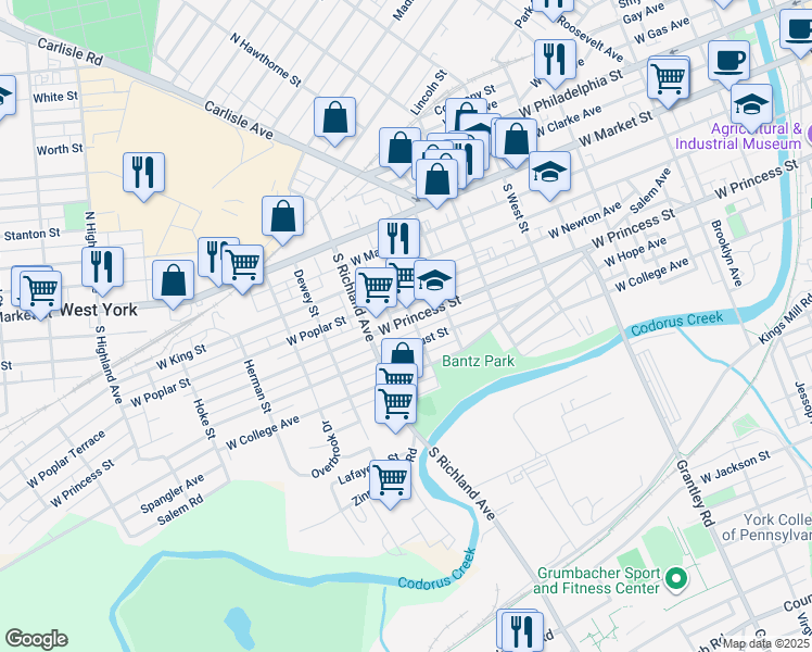 map of restaurants, bars, coffee shops, grocery stores, and more near 908 West Princess Street in York