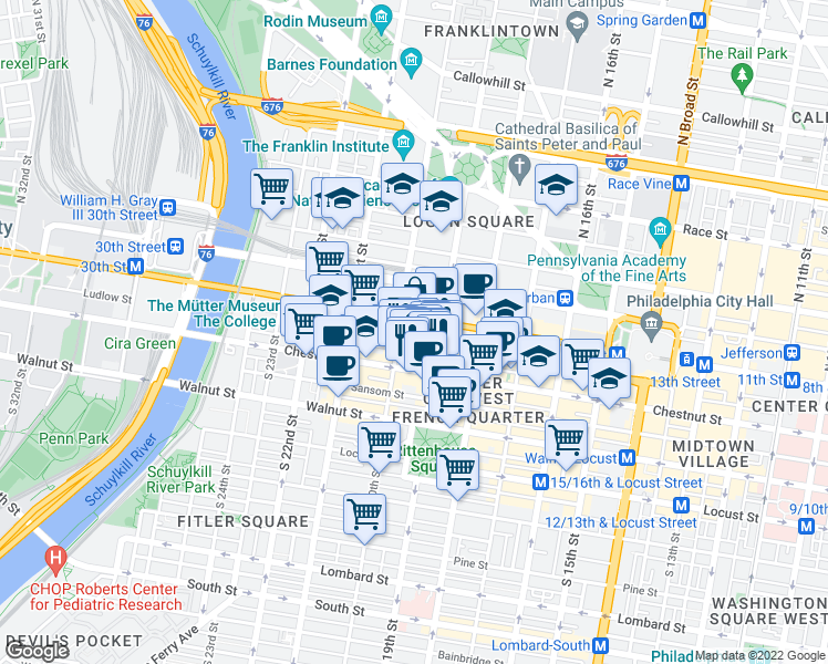 map of restaurants, bars, coffee shops, grocery stores, and more near 12 South 19th Street in Philadelphia