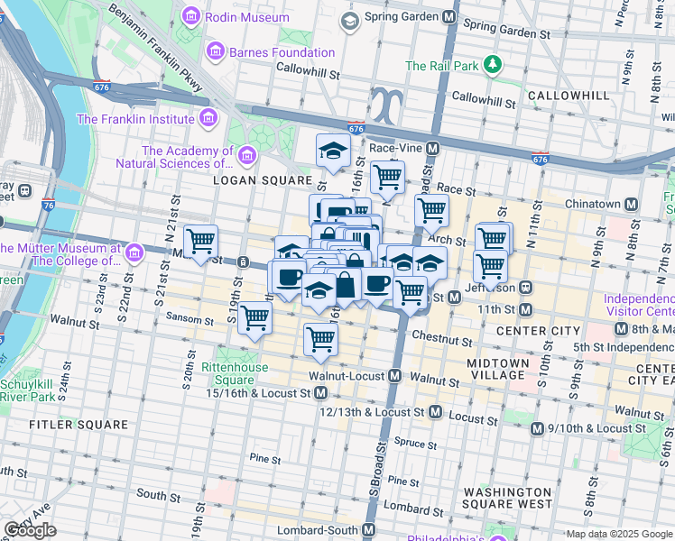 map of restaurants, bars, coffee shops, grocery stores, and more near 14 North 16th Street in Philadelphia