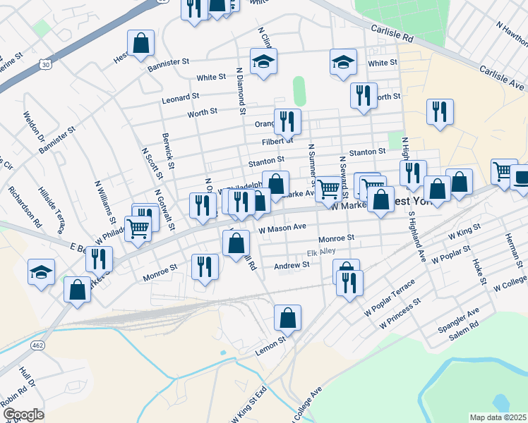 map of restaurants, bars, coffee shops, grocery stores, and more near 1829 West Market Street in York
