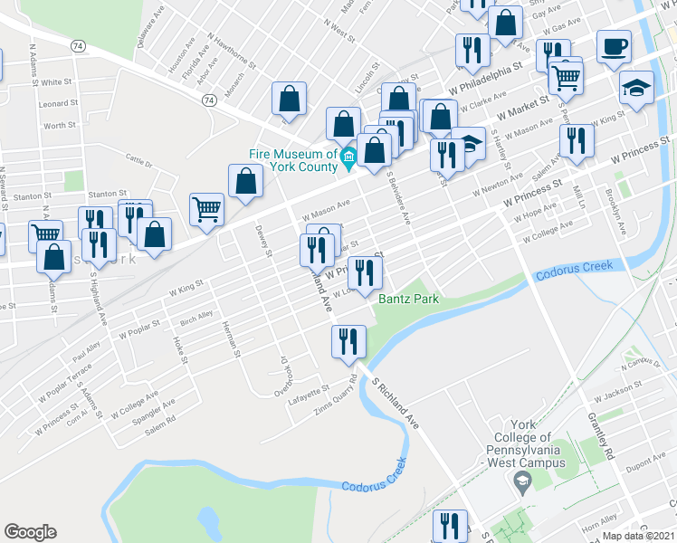 map of restaurants, bars, coffee shops, grocery stores, and more near 945 West Princess Street in York