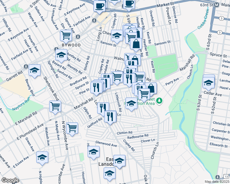 map of restaurants, bars, coffee shops, grocery stores, and more near 418 Littlecroft Road in Upper Darby