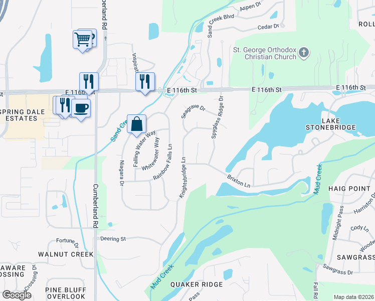 map of restaurants, bars, coffee shops, grocery stores, and more near 11300 Knightsbridge Lane in Fishers