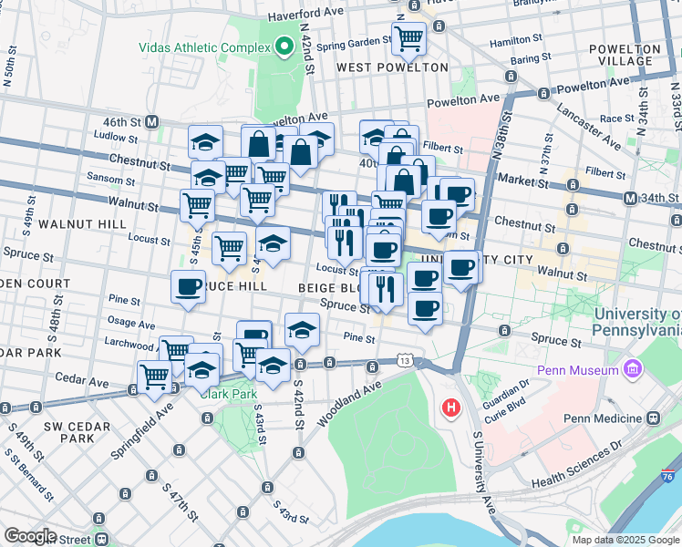 map of restaurants, bars, coffee shops, grocery stores, and more near 233 South 41st Street in Philadelphia