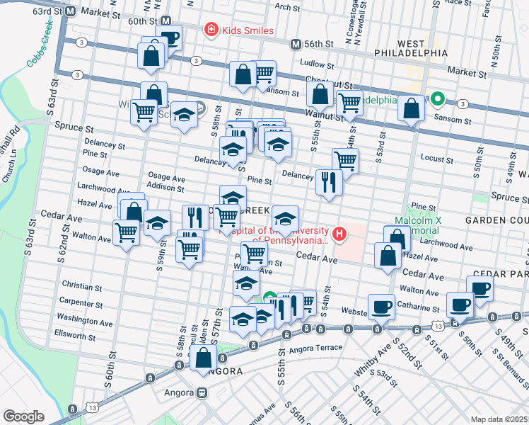 map of restaurants, bars, coffee shops, grocery stores, and more near 448 South 56th Street in Philadelphia