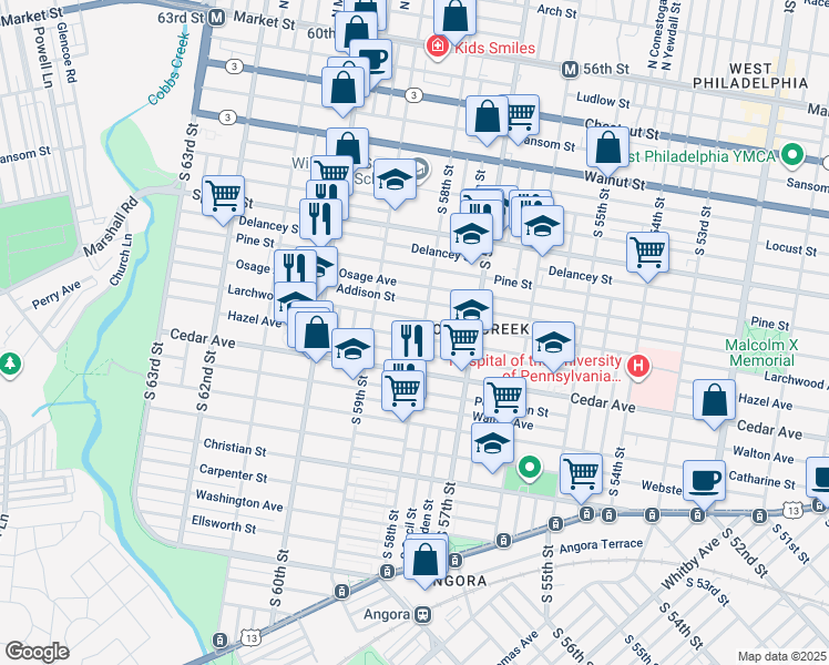 map of restaurants, bars, coffee shops, grocery stores, and more near 5807 Hazel Avenue in Philadelphia