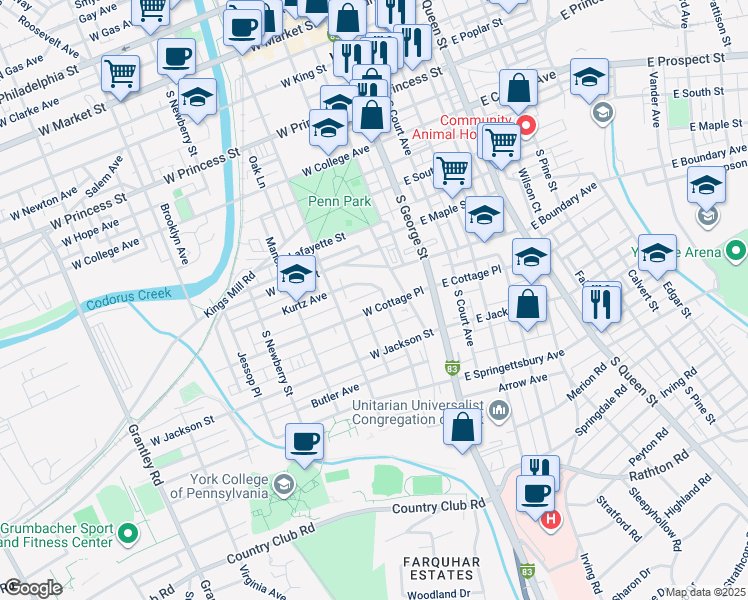 map of restaurants, bars, coffee shops, grocery stores, and more near 115 West Cottage Place in York