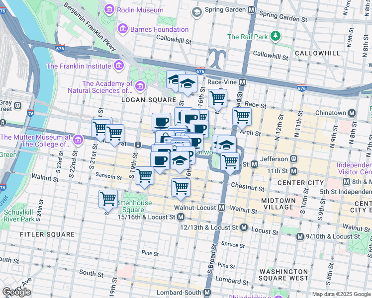 map of restaurants, bars, coffee shops, grocery stores, and more near 1601 Market Street in Philadelphia