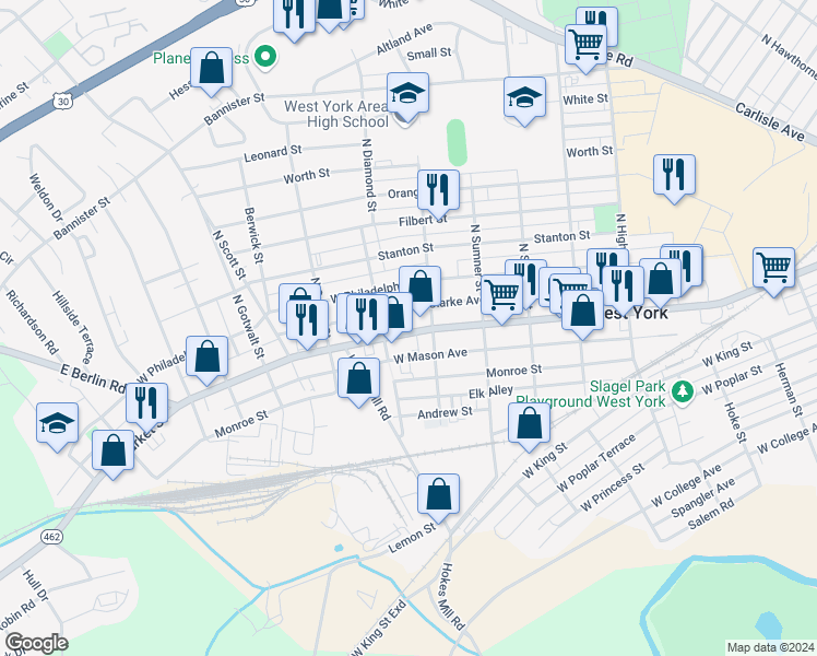 map of restaurants, bars, coffee shops, grocery stores, and more near 1823 West Market Street in York