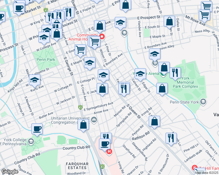 map of restaurants, bars, coffee shops, grocery stores, and more near 177 East Jackson Street in York