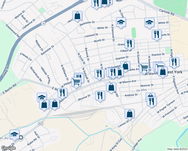 map of restaurants, bars, coffee shops, grocery stores, and more near 2048 West Philadelphia Street in York