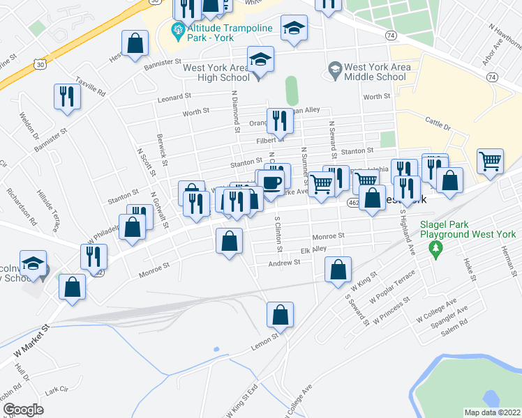 map of restaurants, bars, coffee shops, grocery stores, and more near 1825 West Market Street in York