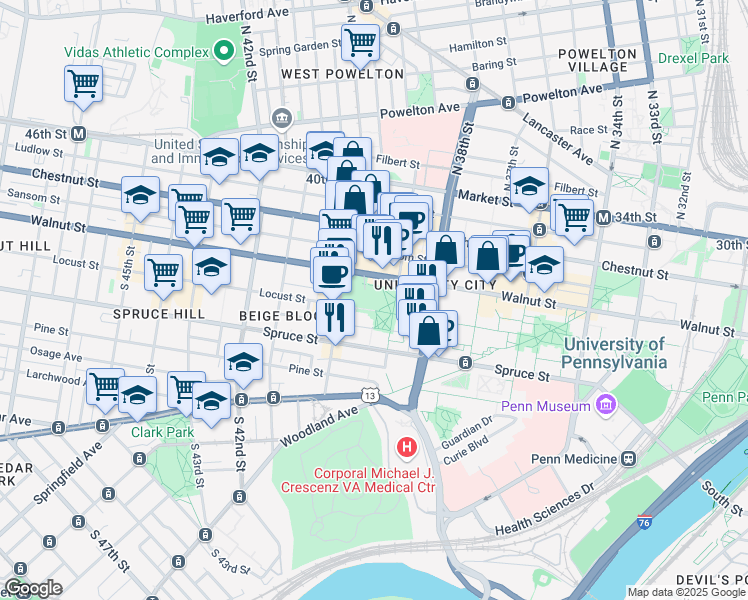 map of restaurants, bars, coffee shops, grocery stores, and more near 3901 Locust Walk in Philadelphia