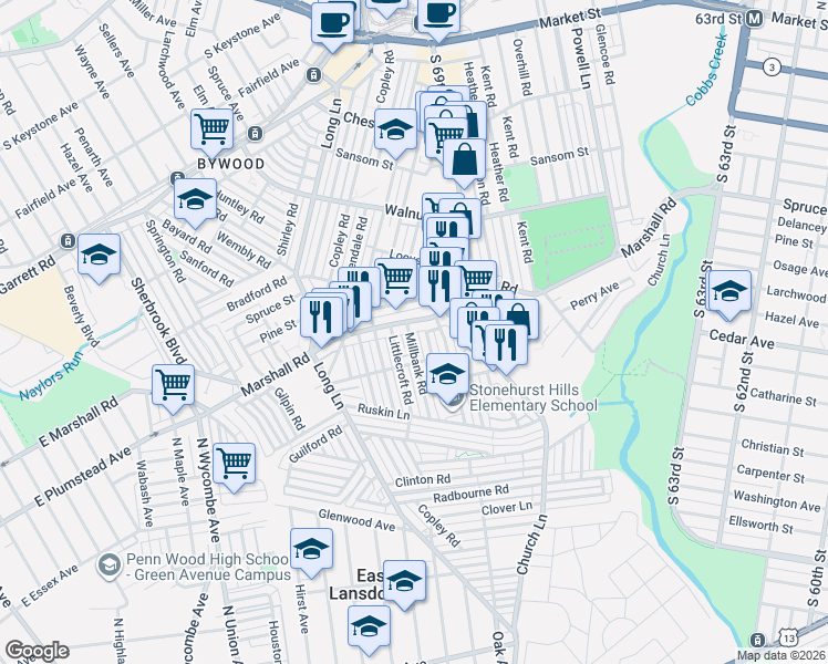map of restaurants, bars, coffee shops, grocery stores, and more near 443 Millbank Road in Delaware County