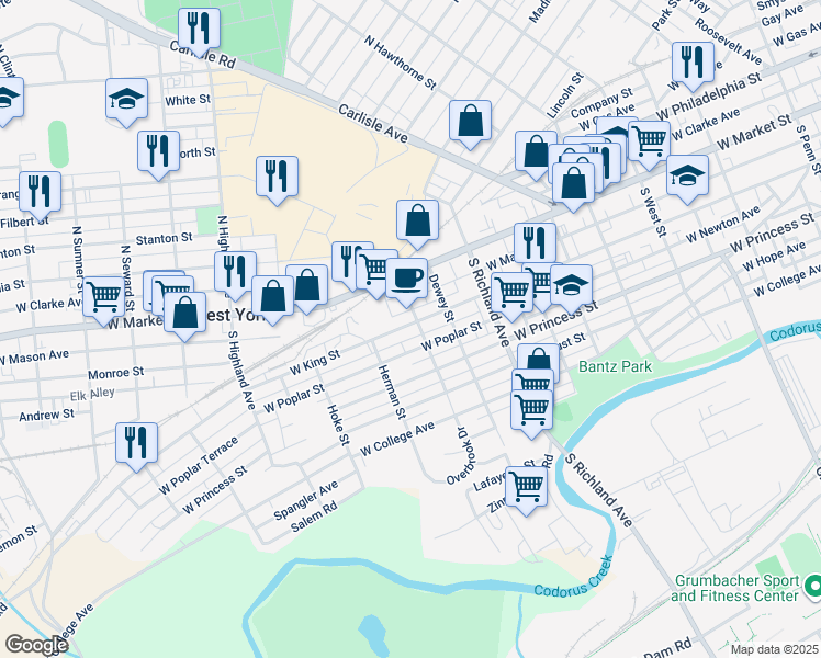 map of restaurants, bars, coffee shops, grocery stores, and more near 1208 West King Street in West York