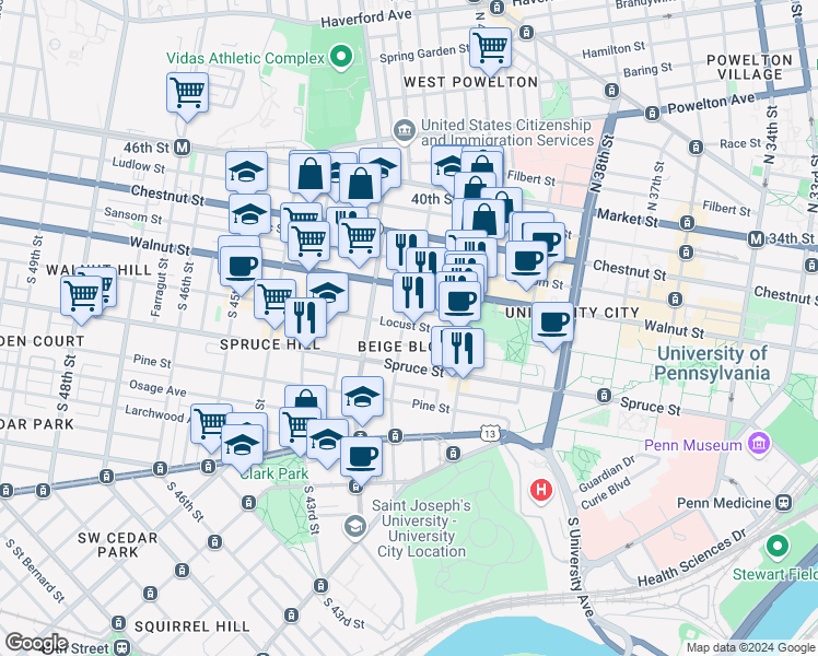map of restaurants, bars, coffee shops, grocery stores, and more near 233 South 41st Street in Philadelphia