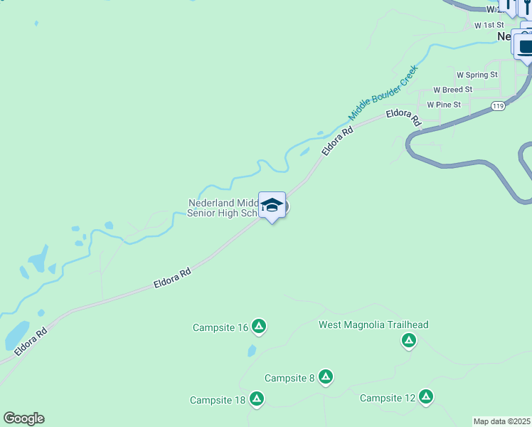 map of restaurants, bars, coffee shops, grocery stores, and more near 597 Eldora Road in Nederland