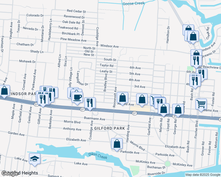 map of restaurants, bars, coffee shops, grocery stores, and more near 2132 Patton Road in Toms River