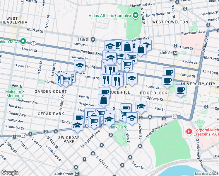 map of restaurants, bars, coffee shops, grocery stores, and more near 4431 Spruce Street in Philadelphia