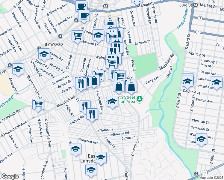 map of restaurants, bars, coffee shops, grocery stores, and more near 423 Timberlake Road in Upper Darby